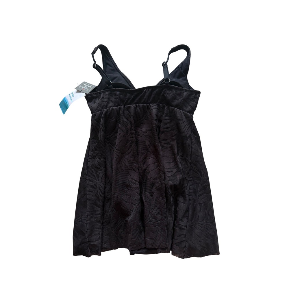 Swim Solutions‎ Black Palm Burnout V-Neck Swimdress One Piece Swimsuit 8 NEW - Picture 4 of 6